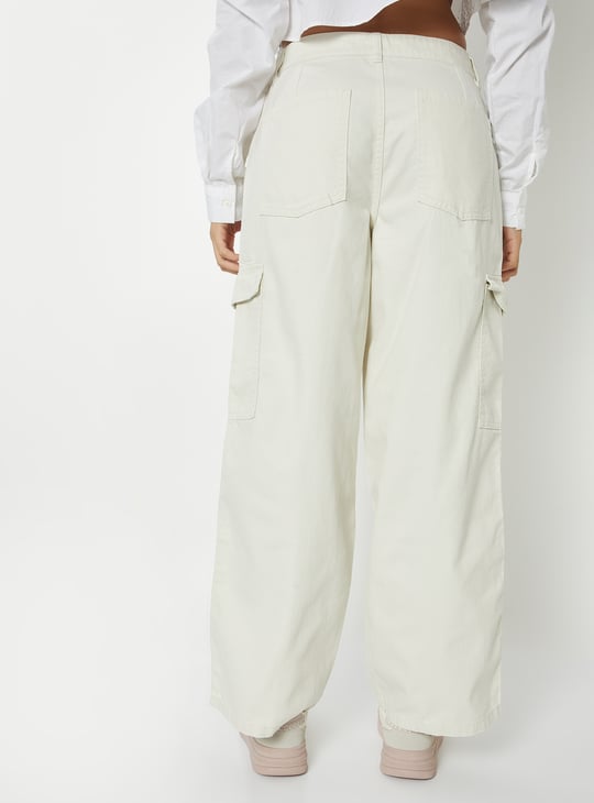 Women Solid Wide Leg High-Rise Cargo Jeans