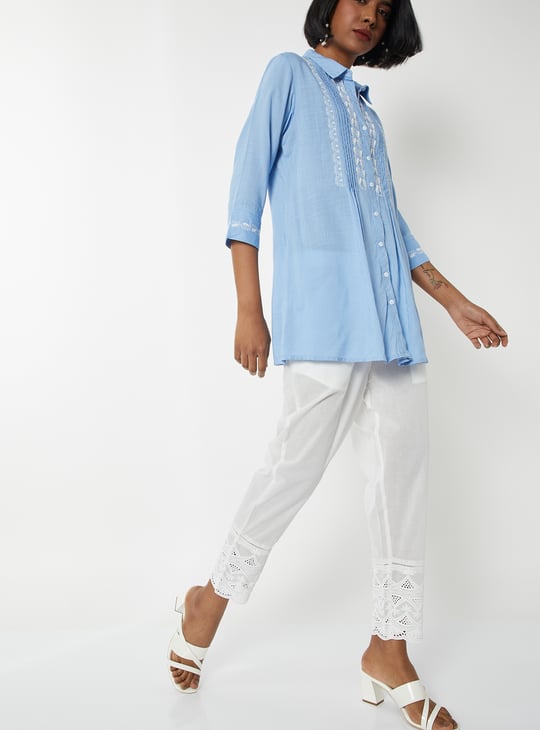 Women Embroidered Hem Straight Pants