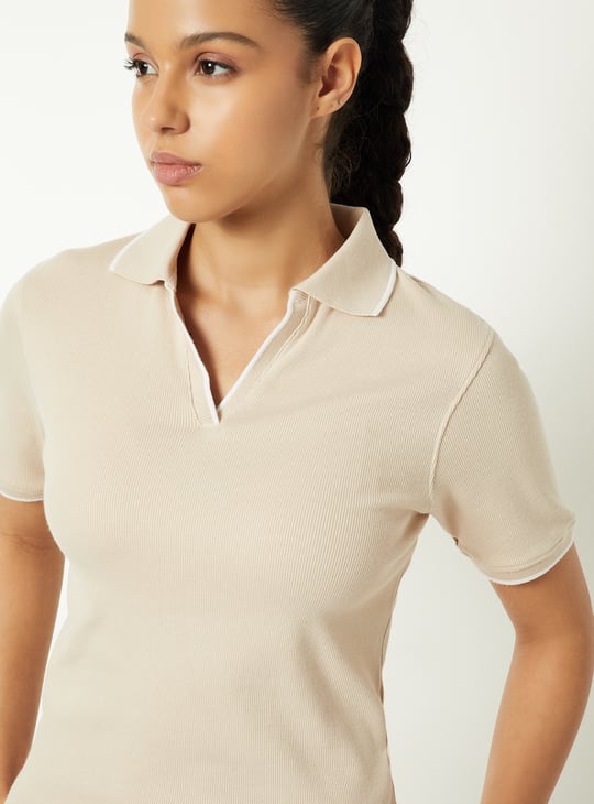 Women Ribbed Slim Fit Sports Polo T-shirt