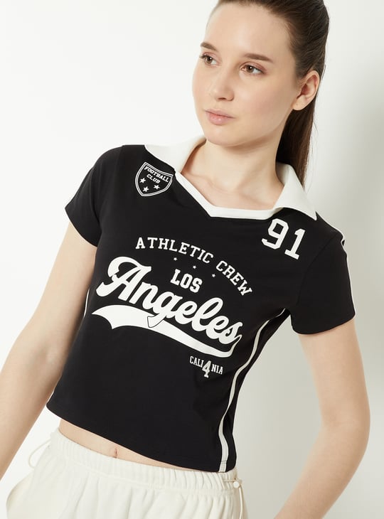 Women Varsity Print Johnny Collar Crop T-shirt