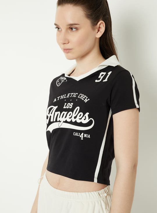 Women Varsity Print Johnny Collar Crop T-shirt
