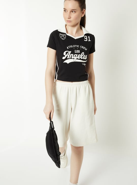 Women Varsity Print Johnny Collar Crop T-shirt