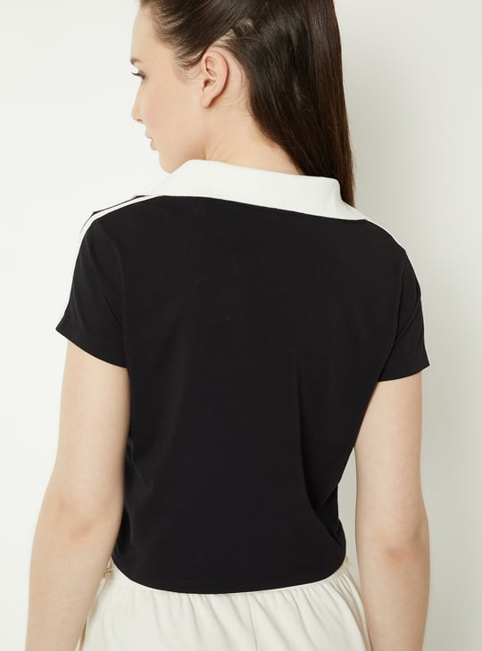 Women Varsity Print Johnny Collar Crop T-shirt