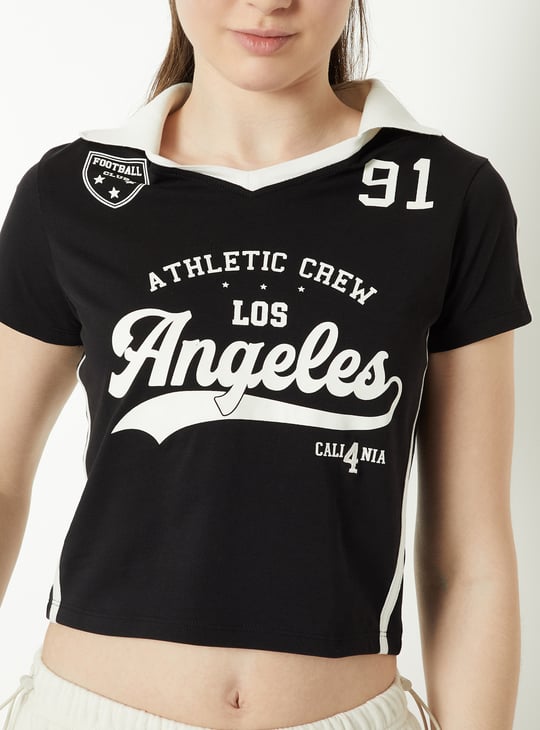 Women Varsity Print Johnny Collar Crop T-shirt