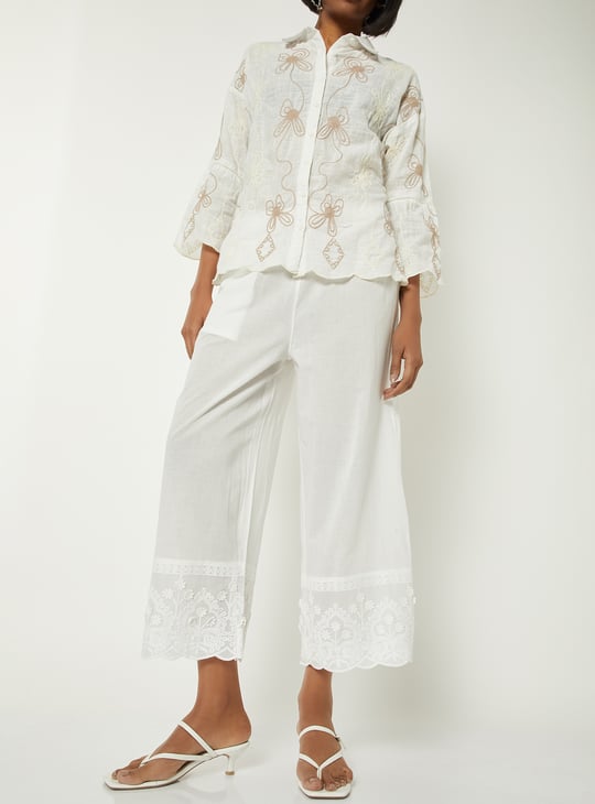 Women Embroidered Palazzos with Scalloped Hem