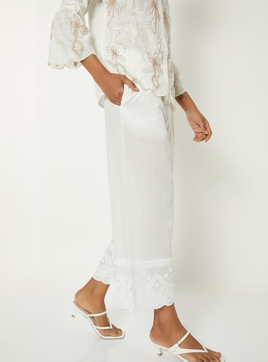 Women Embroidered Palazzos with Scalloped Hem