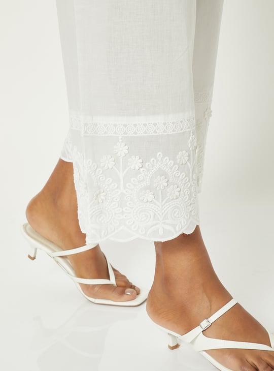 Women Embroidered Palazzos with Scalloped Hem