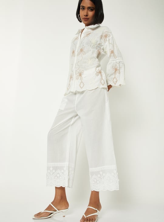 Women Embroidered Palazzos with Scalloped Hem