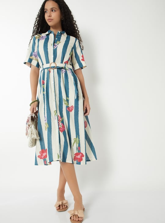 Women Printed Belted A-line Shirt Dress