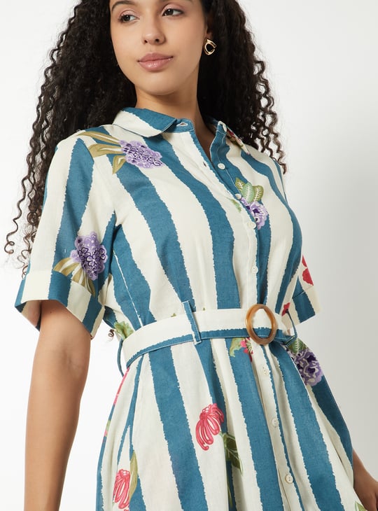 Women Printed Belted A-line Shirt Dress
