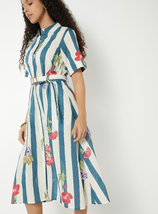 Women Printed Belted A-line Shirt Dress