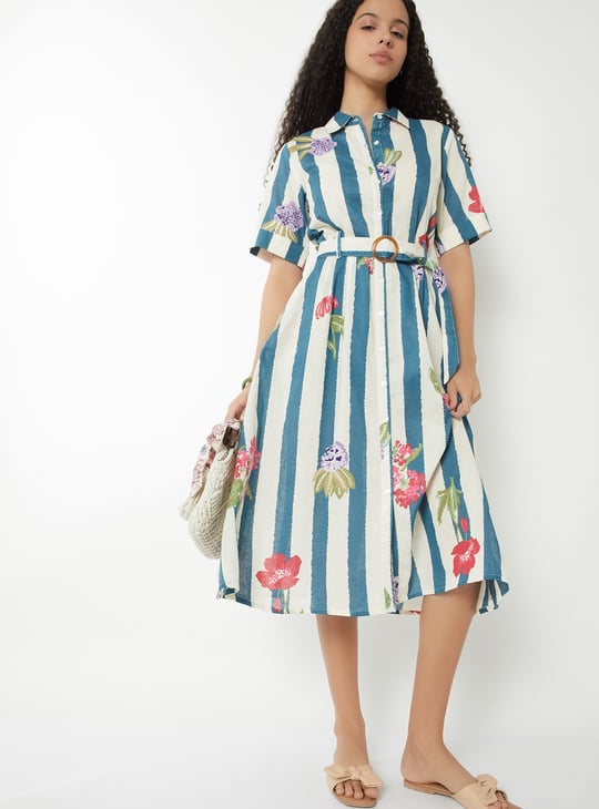 Women Printed Belted A-line Shirt Dress