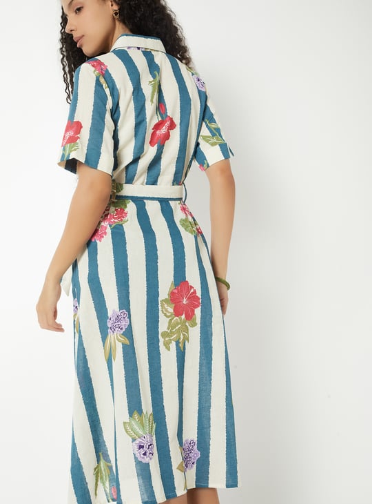 Women Printed Belted A-line Shirt Dress