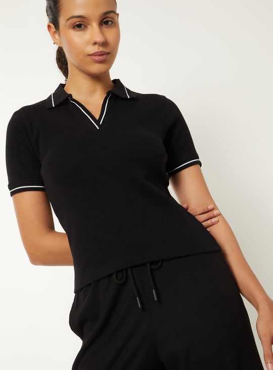 Women Solid Johnny Collar Sports T-shirt