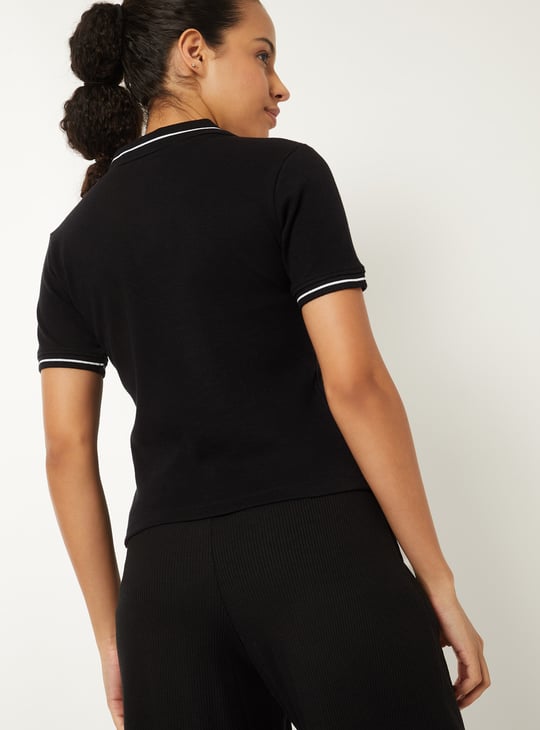 Women Solid Johnny Collar Sports T-shirt