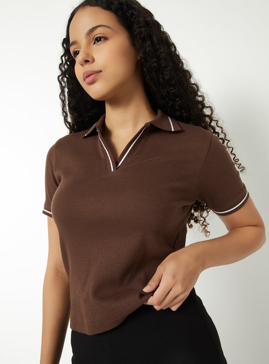 Women Solid Johnny Collar Sports T-shirt