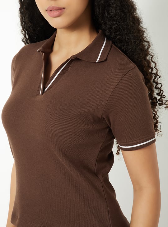 Women Solid Johnny Collar Sports T-shirt