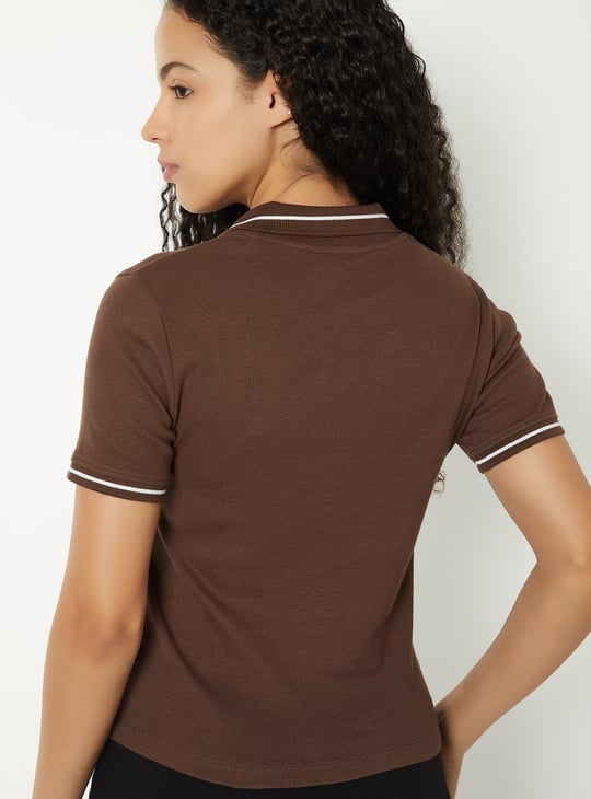 Women Solid Johnny Collar Sports T-shirt