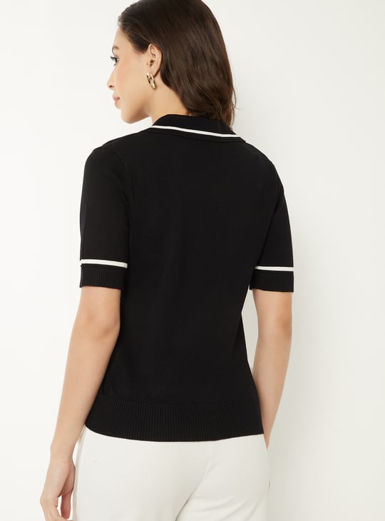 Women Knit Johnny Collar T-shirt