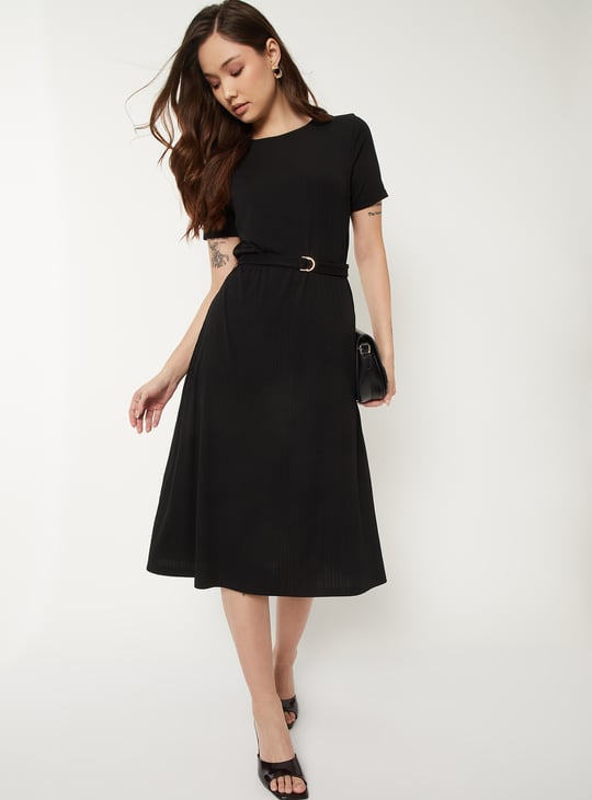Women Textured A-line Belted Dress | Black | A-line