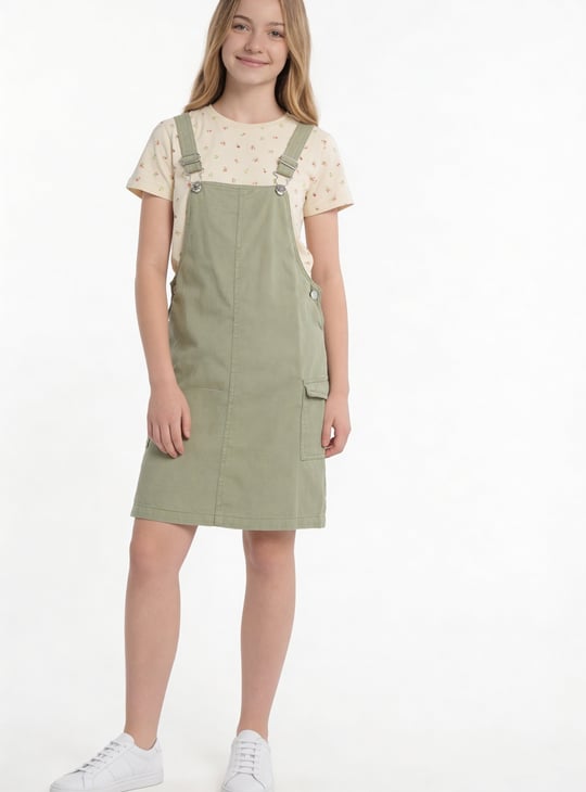 Girls Solid Pinafore Dress with T-shirt | Dresses