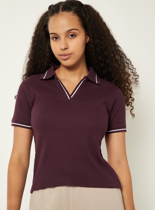 Women Solid Ribbed Polo T-shirt