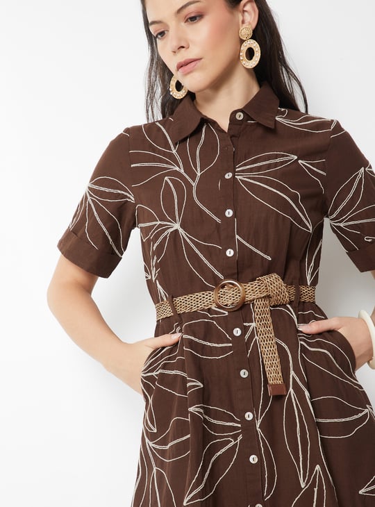 embroidered belted shirt dress Abstract Floral Embroidery Belted Shirt Dress Ivory / XL / PF259363 main image 0