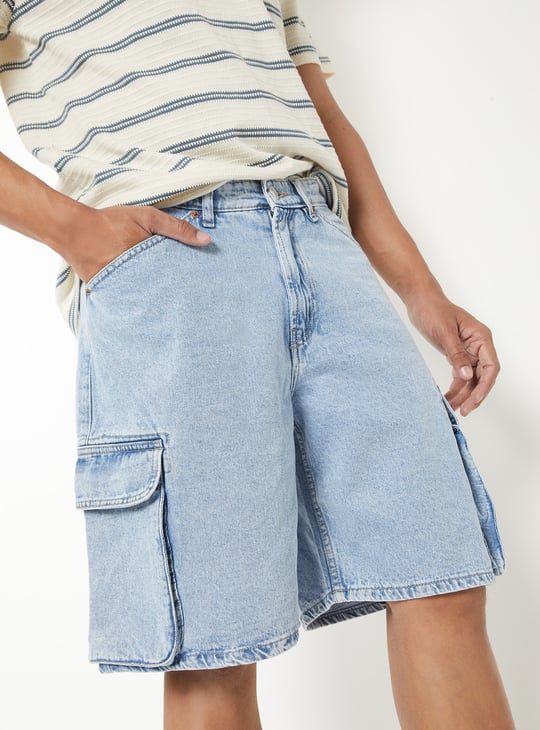 Men Washed Denim Cargo Shorts