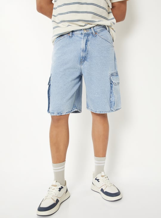 Men Washed Denim Cargo Shorts