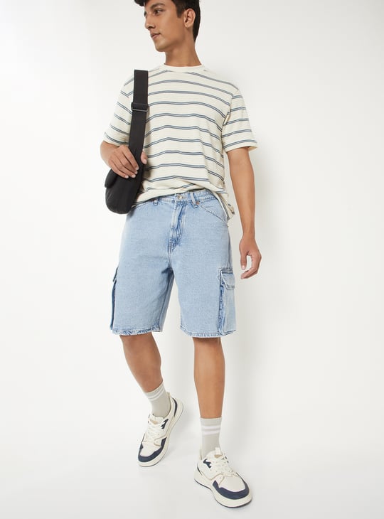 Men Washed Denim Cargo Shorts