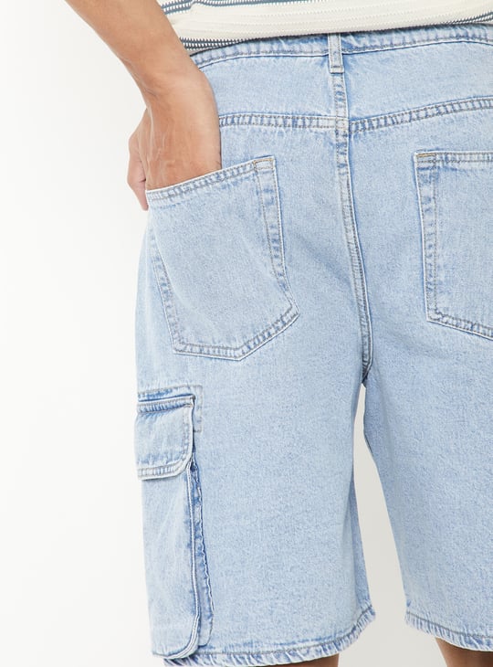 Men Washed Denim Cargo Shorts