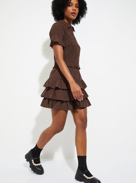 URB_N Women Checked Layered Mini Skirt | Brown | Checked