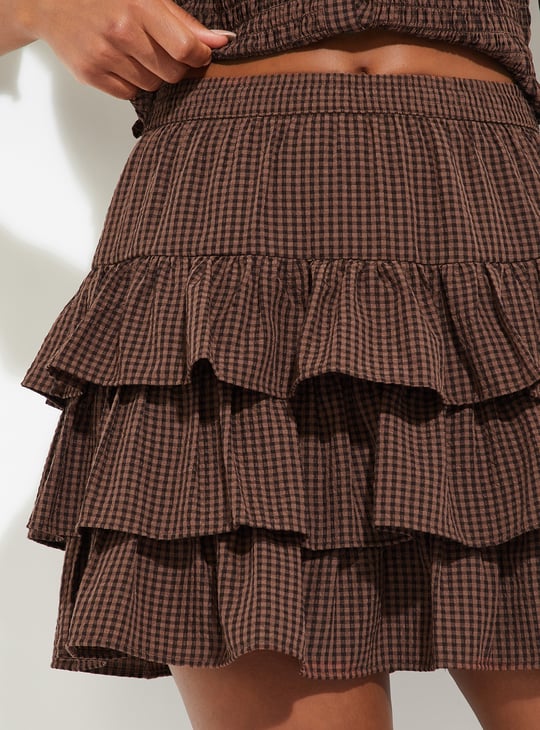 URB_N Women Checked Layered Mini Skirt | Brown | Checked