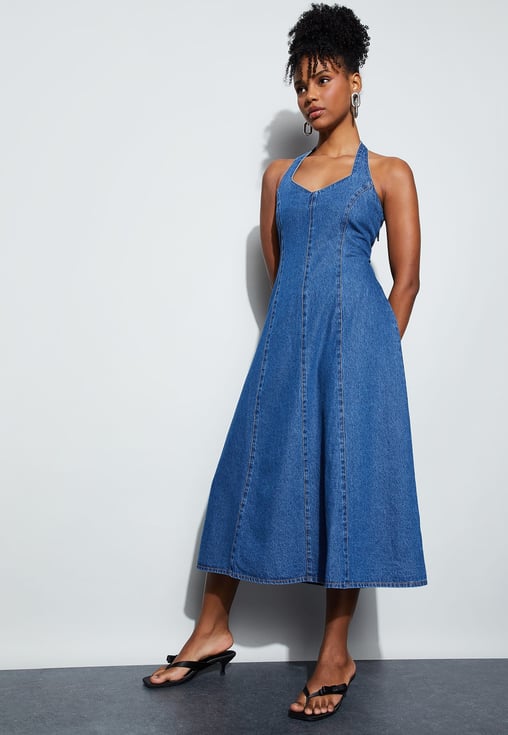 long denim wrap dress Women's I'm All In Dark Wash Tie-Belt Midi | Size: S JUNE2023 Denim Midi Dress - neck Wrap waist No Colour:Bright Orange