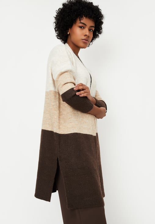 Buy Women Colourblock Open Front Long Cardigan Online at