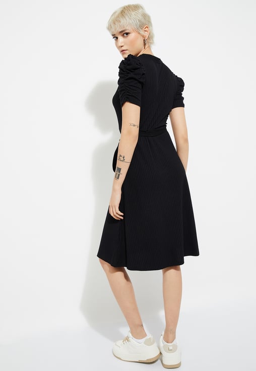 Buy URB_N Women Ribbed Fit & Flare Belted Dress Online at just Rs