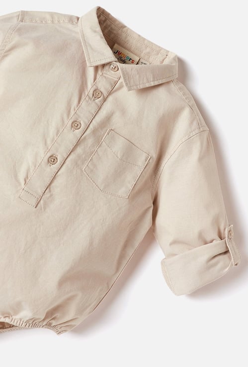 Juniors Solid Shirt Style Bodysuit with Button Closure and Roll-Up Tab