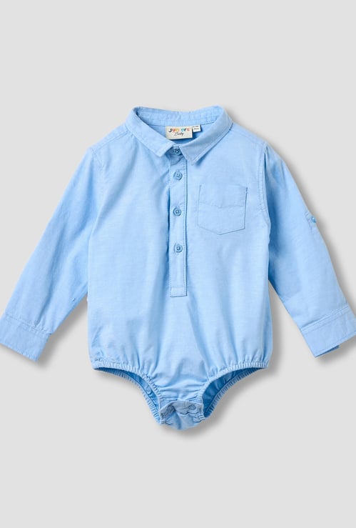 Juniors Solid Long Sleeves Shirt Style Bodysuit with Roll-Up Tab