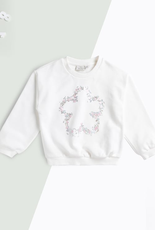 Juniors Floral Sequinned Round Neck Sweatshirt with Long Sleeves