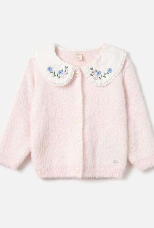 Giggles Embroidered Cardigan with Peter Pan Collar and Button Closure