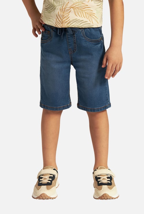 Juniors Solid Denim Shorts with Drawstring Closure and Pockets