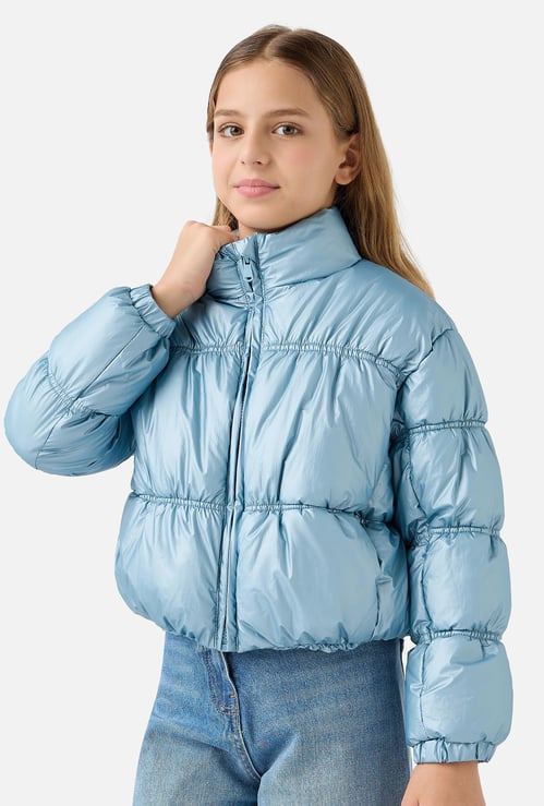 Juniors Solid Padded Jacket with High Neck and Zip Closure