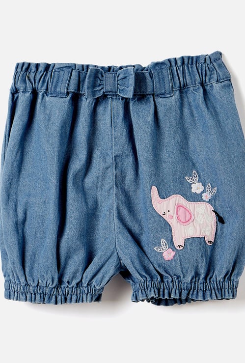 Juniors Elephant Applique Denim Shorts with Bow Detail