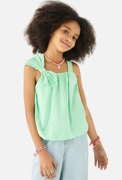 Juniors Solid Sleeveless Top with Bow Applique and Square Neck