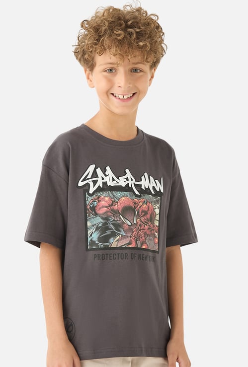 Spider-Man Print Crew Neck T-shirt with Short Sleeves