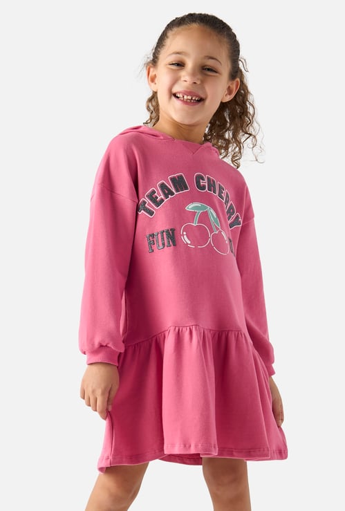Juniors Printed Drop Waist Dress with Hood