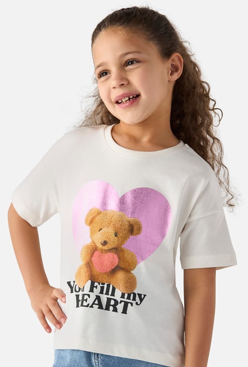 Juniors Bear Print T-shirt with Round Neck and Short Sleeves