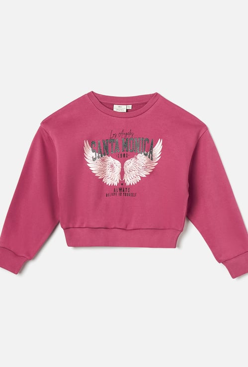 Juniors Graphic Print Pullover with Round Neck and Long Sleeves