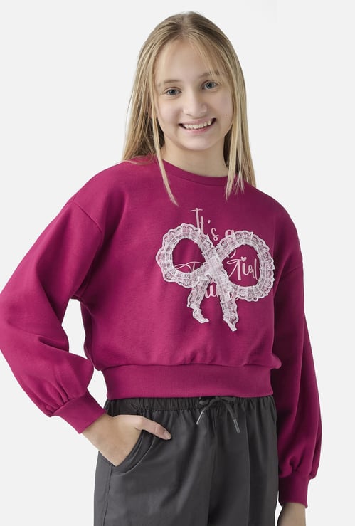 Juniors Lace Applique Sweatshirt with Long Sleeves