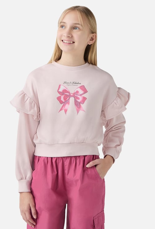 Juniors Bow Print Sweatshirt with Long Sleeves and Round Neck